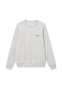 Gray sweater made of soft fabric, featuring a round neck, long sleeves, and a small navy print on the chest. Ribbed cuffs and hem.