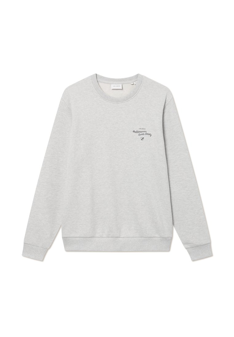 Gray sweater made of soft fabric, featuring a round neck, long sleeves, and a small navy print on the chest. Ribbed cuffs and hem.