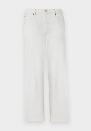 Biele džínsové nohavice so strihom rovného nohu, vysokým pásom a kontrastným prešívaním. Obsahujú dve predné vrecká a kovový gombík na zapínanie.