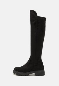 Black knee-high boots made of suede, featuring a sleek design, rounded toe, and a textured rubber sole for traction. Smooth upper with subtle seams.