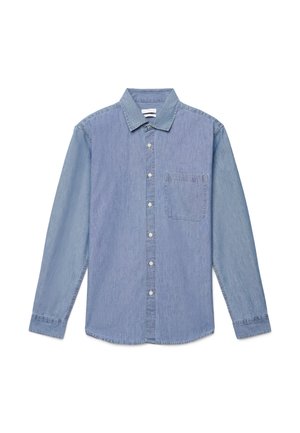 Light blue denim shirt with long sleeves, button-down collar, front pocket, and contrasting shades on sleeves. Smooth texture, casual fit.