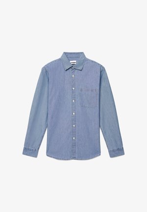 Light blue denim shirt with long sleeves, button-down collar, front pocket, and contrasting shades on sleeves. Smooth texture, casual fit.