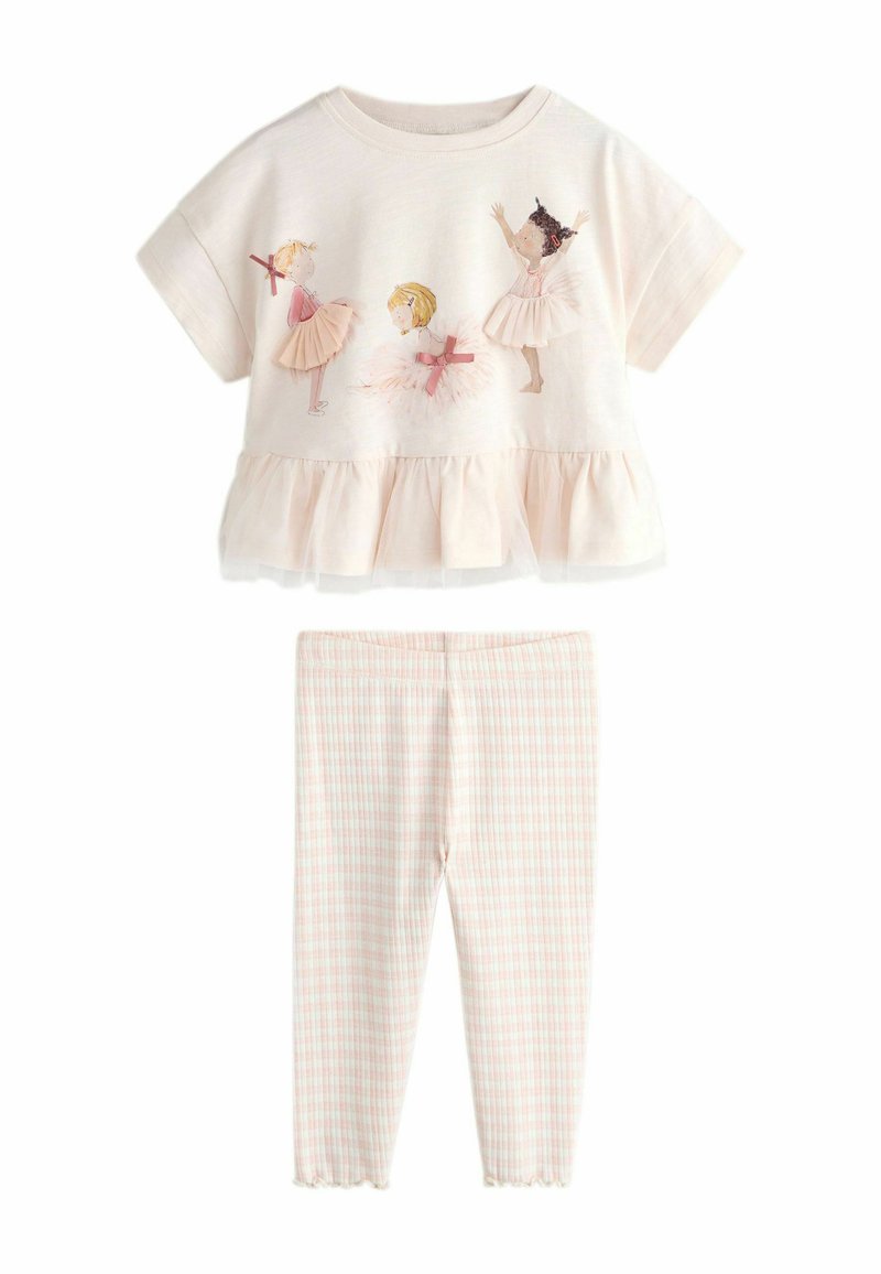 Haut crème pour tout-petit avec 3 illustrations de ballerines et ourlet en tulle, associé à des leggings à carreaux roses et blancs avec des poignets à volants.