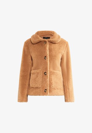 Kohvane karvane jakk, mis on valmistatud pehmest materjalist, sisaldab ümmargust kraed, esi-nuppude kinnitusi ja kahte kantavaid taskut.