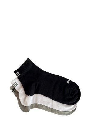 Three pairs of socks: one black, one white, and one light gray. Made of soft fabric with ribbed cuffs and logo detail on each.