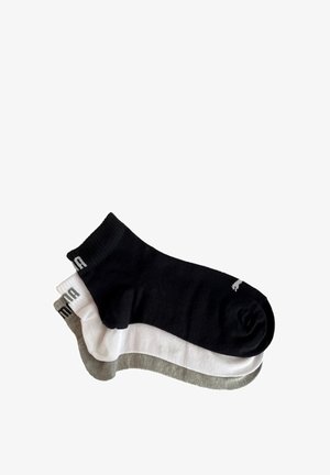 Three pairs of socks: one black, one white, and one light gray. Made of soft fabric with ribbed cuffs and logo detail on each.