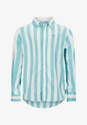 Langarmshirt met verticale turquoise en witte strepen, knoopsluiting aan de voorkant, omgeslagen kraag en een gebogen zoom. De stof lijkt lichtgewicht te zijn.