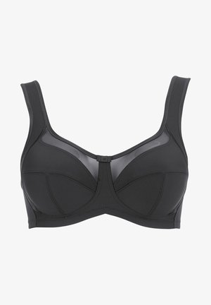 Zwarte bh met brede banden en beugel. Heeft gaasdelen, gevormde cups en versterkte stitching voor ondersteuning. Voor sluitingsdetail.