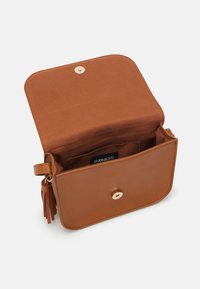 Bolso de mano de cuero marrón con una textura suave, que cuenta con un cierre de broche dorado y detalle de borla. El interior incluye una etiqueta de la marca y un bolsillo.