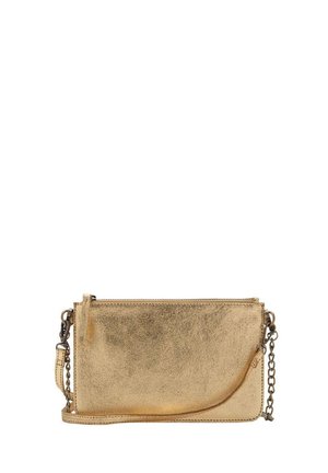 Gold metallic wallet with a textured finish, rectangular shape, top zipper closure, and a detachable chain strap.