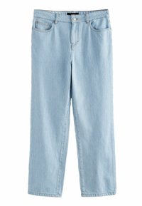 Svetlo modri jeans z vertikalnimi belimi črtami, ravnim krojem, sprednjimi žepi in gumbom za zapiranje. Narejeni iz denima.