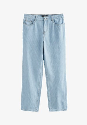 Heledad sinised teksad, millel on vertikaalsed valged triibud, sirge lõikega disain, ees taskud ja nupuga sulgur. Valmistatud denimist.