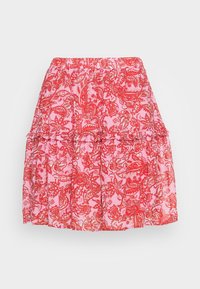 Röd och rosa mönstrad kjol med volangkant, med blommönster och ett elastiskt midjeband för justerbar passform.