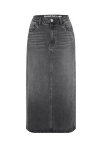 Dunkelgrauer Jeans-Midirock im geraden Schnitt, mit vorderen Taschen und Knopfverschluss. Verfügt über eine Stitching-Detail und ein gebrandetes Taillenband.