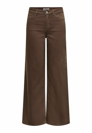 Pantalon marron taille haute à jambes larges avec bouton et fermeture éclair à l'avant, poches avant et passants pour ceinture, présenté sur fond blanc.