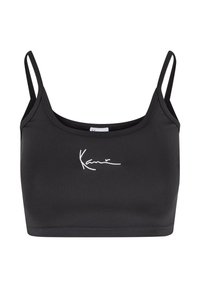 Black crop top with slim straps, made of smooth fabric. Features a white signature print on the front and a rounded neckline.