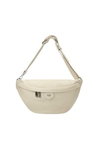 Borsa a spalla in pelle crema con una forma morbida e curvata, dotata di chiusura superiora con zip e hardware in tonalità argento. Dettaglio con logo sul davanti.