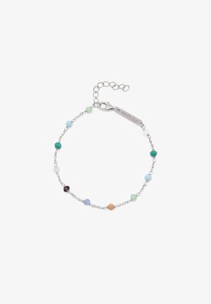 Srebrna bransoletka łańcuszkowa z kolorowymi, nieregularnie ukształtowanymi koralikami w odcieniach zieleni, niebieskiego, fioletowego i pomarańczowego. W zestawie regulowane zapięcie.