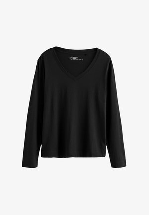 Black long-sleeve V-neck shirt with a relaxed fit, made of smooth fabric, displayed on a plain white background.
