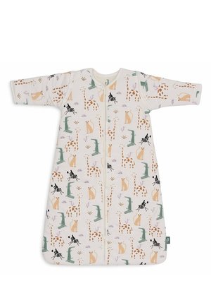 Cotton sleep sack with short sleeves, cream background, featuring colorful animal patterns, and a front zipper for easy dressing.