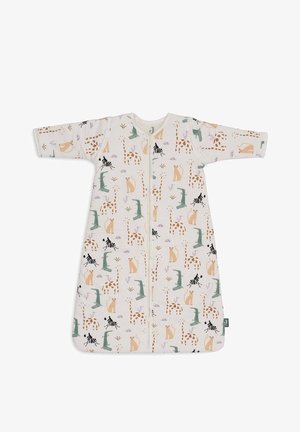 Sac de couchage en coton à manches courtes, fond crème, avec des motifs d'animaux colorés et une fermeture éclair à l'avant pour un habillage facile.