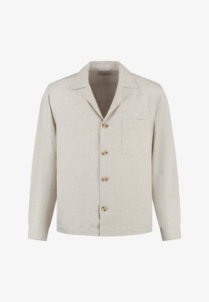Beige linnen overhemd met lange mouwen, brede kraag, vier houten knopen aan de voorkant en één borstzak aan de linkerkant.