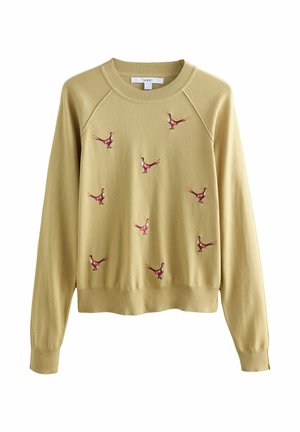 Khaki sweatshirt med långa raglanärmar, med färgglad fågelbroderi. Mjuk textur, ribbad halsringning och fåll.