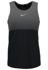 Débardeur sportif noir avec une partie supérieure noire et blanche à motif. Présente un col rond, un design sans manches et un petit logo Nike à l'avant.