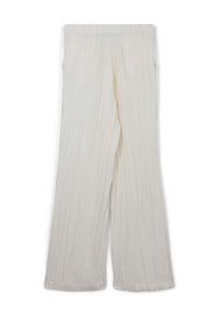 Pantaloni a palazzo plissettati in morbido tessuto bianco con vita elastica. Presentano una superficie testurizzata e una silhouette ampia e fluida.