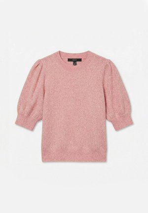 Suéter de punto rosa suave con mangas abullonadas hasta el codo y puños y dobladillo acanalados, colocado sobre un fondo blanco.