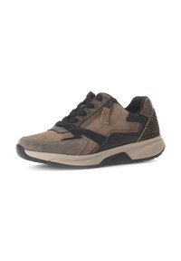 Stylish brown sneaker featuring suede and mesh materials, black accents, a textured back, and a cushioned sole for comfort.