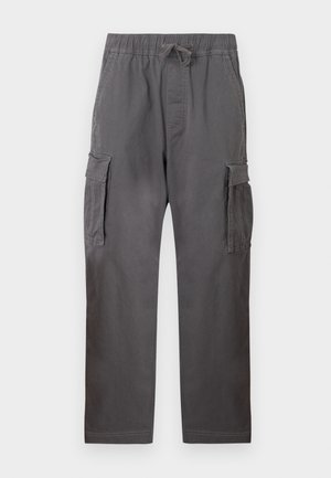 Pantalon cargo gris en coton, avec une ceinture élastique à cordon de serrage, deux poches latérales et deux poches plaquées sur les cuisses.