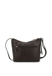 Dunkelbraune Leder-Umhängetasche mit strukturiertem Finish, Reißverschluss und einer Fronttasche. Verfügt über einen abnehmbaren Schultergurt.