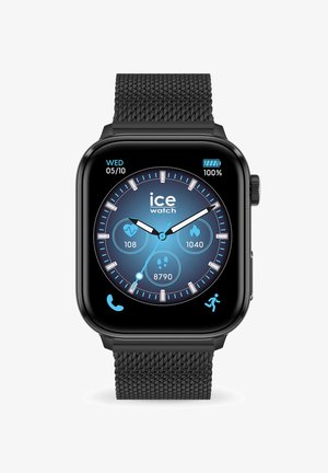 Black smartwatch with a square face, textured mesh strap, and a blue digital display showing time, date, battery, and fitness metrics.