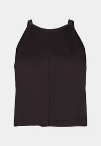 Czarny bezrękawnik z cienkimi ramiączkami na ramiona i widocznym środkowym szwem na jednolitym jasnym tle.