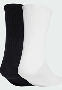 Black and white cotton socks with ribbed texture, featuring a crew length design. Each sock has a seamless toe for comfort.