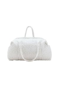 Quilted white duffle bag with subtle floral pattern, featuring two handles and a spacious design. Soft texture and rounded shape.