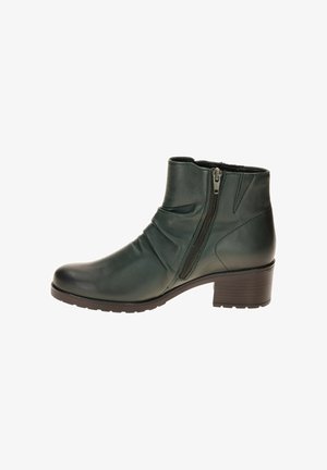 Green leather ankle boot with a side zipper, slight ruching on the upper, rounded toe, and a low block heel. Textured rubber sole.