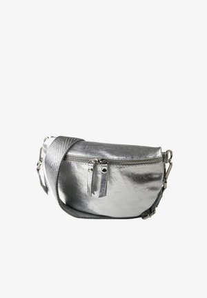 Shiny silver crossbody bag with dual zipper pulls and a wide textured adjustable strap, isolated on white background.