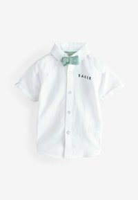White short-sleeve shirt with a button-down collar, featuring a mint green bow tie and "BAKER" printed in black on the left side.