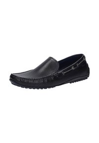 Schwarzer Slipper mit durchlöchertem synthetischem Obermaterial, runder Zehenpartie, dekorativer Naht und Gummisohle mit rutschfester Musterung.