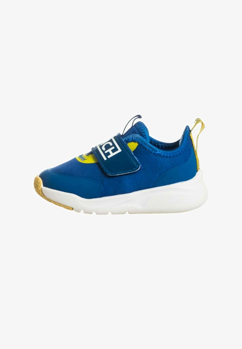 Sneaker blu per bambini con cinturino in velcro, dettagli gialli, suola ammortizzata e parte superiore texture. Presenta un pratico tassello sul tallone.