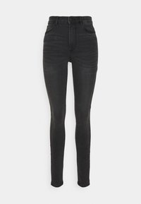 Calças de ganga skinny pretas de cintura alta com uma textura de ganga suave, apresentando um design clássico de cinco bolsos e fecho na frente com botão.