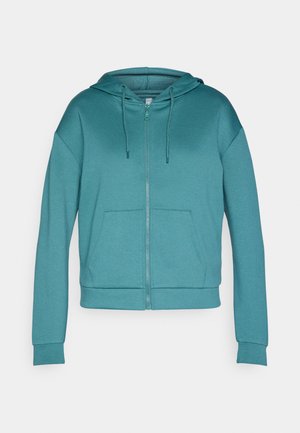 Türkisfarbener Kapuzenpullover mit Reißverschluss, langen Ärmeln, Taschen vorne und einer glatten Textur. Verfügt über Kordelzüge und einen taillierten Saum.