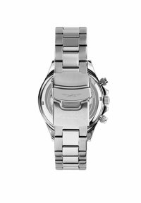 Orologio da polso in acciaio inossidabile argentato con bracciale lucido, funzionalità cronografo e un quadrante dettagliato che mostra più quadranti e un logo.