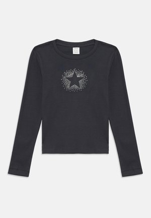 Long-sleeve dark gray shirt featuring a star design made of small silver studs, with a rounded neckline and standard cuffs.