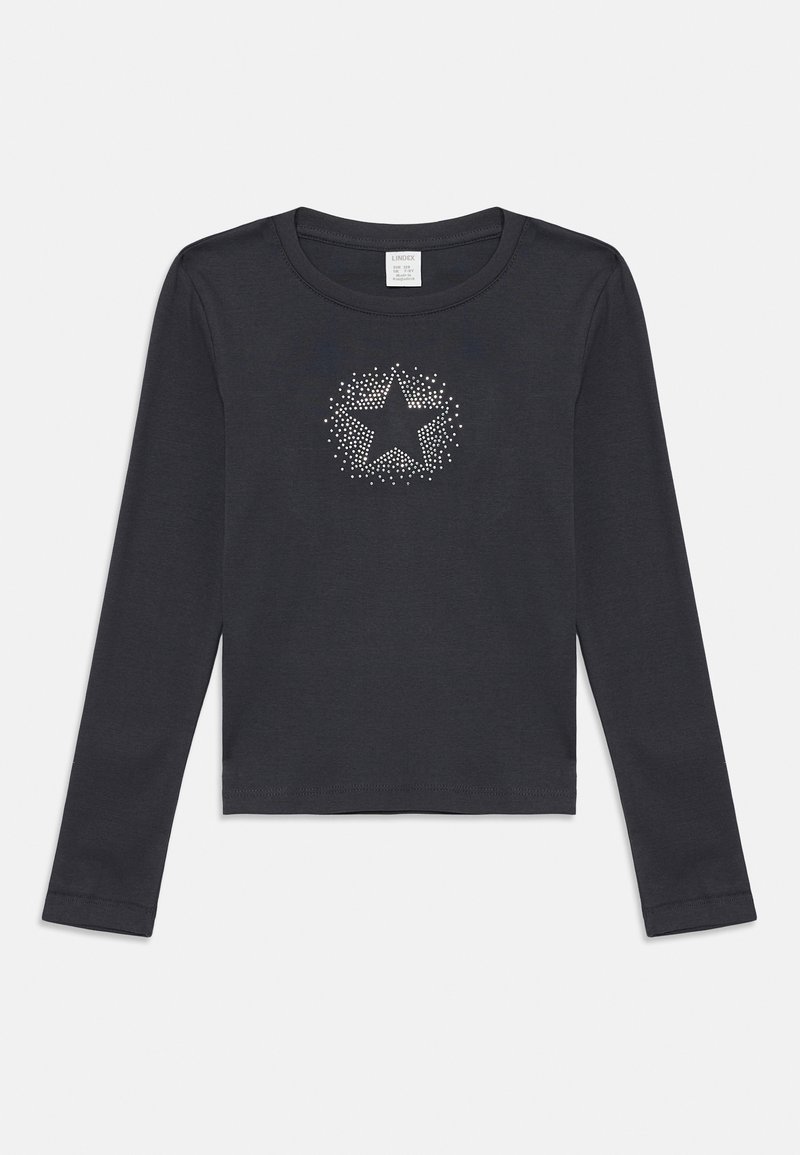 Camicia a maniche lunghe grigio scuro con un design a stella realizzato in piccole borchie argentate, con scollo tondo e polsini standard.