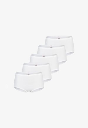 Fünf weiße Damen-Slips mit hohem Bund, diagonal angeordnet, schlichtes Design mit einem kleinen Markenzeichen in der Mitte des Bunds.