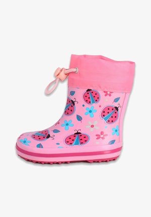 Rosa Gummi-Regenschuh mit Kordelzugbund, dekoriert mit Marienkäfer- und Blumenmustern in Blau und Pink. Die Sohle ist strukturiert für besseren Halt.
