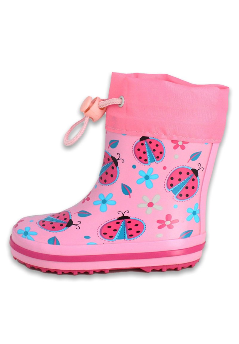 Rosa Gummi-Regenschuh mit Kordelzugbund, dekoriert mit Marienkäfer- und Blumenmustern in Blau und Pink. Die Sohle ist strukturiert für besseren Halt.
